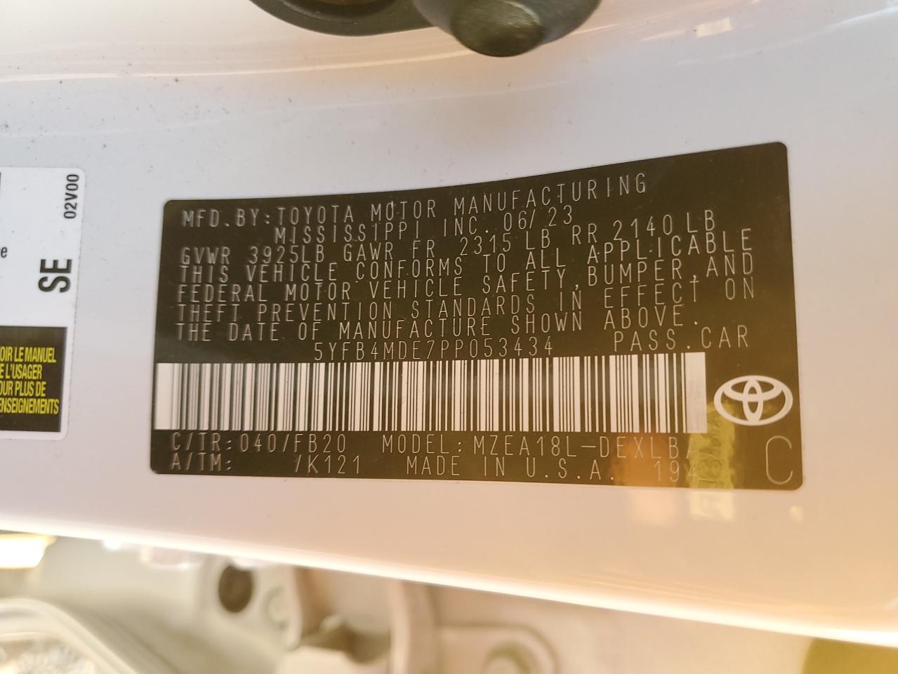 2023 TOYOTA COROLLA LE VIN:5YFB4MDE7PP053434