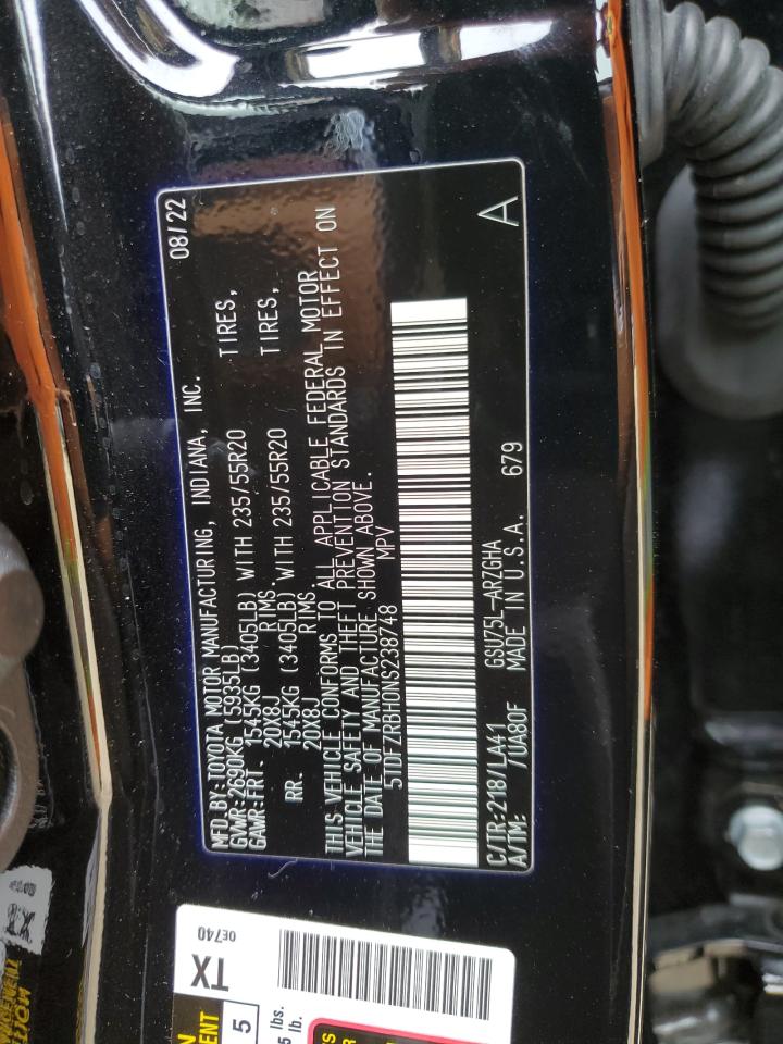 2022 TOYOTA HIGHLANDER PLATINUM VIN:5TDFZRBH0NS238748