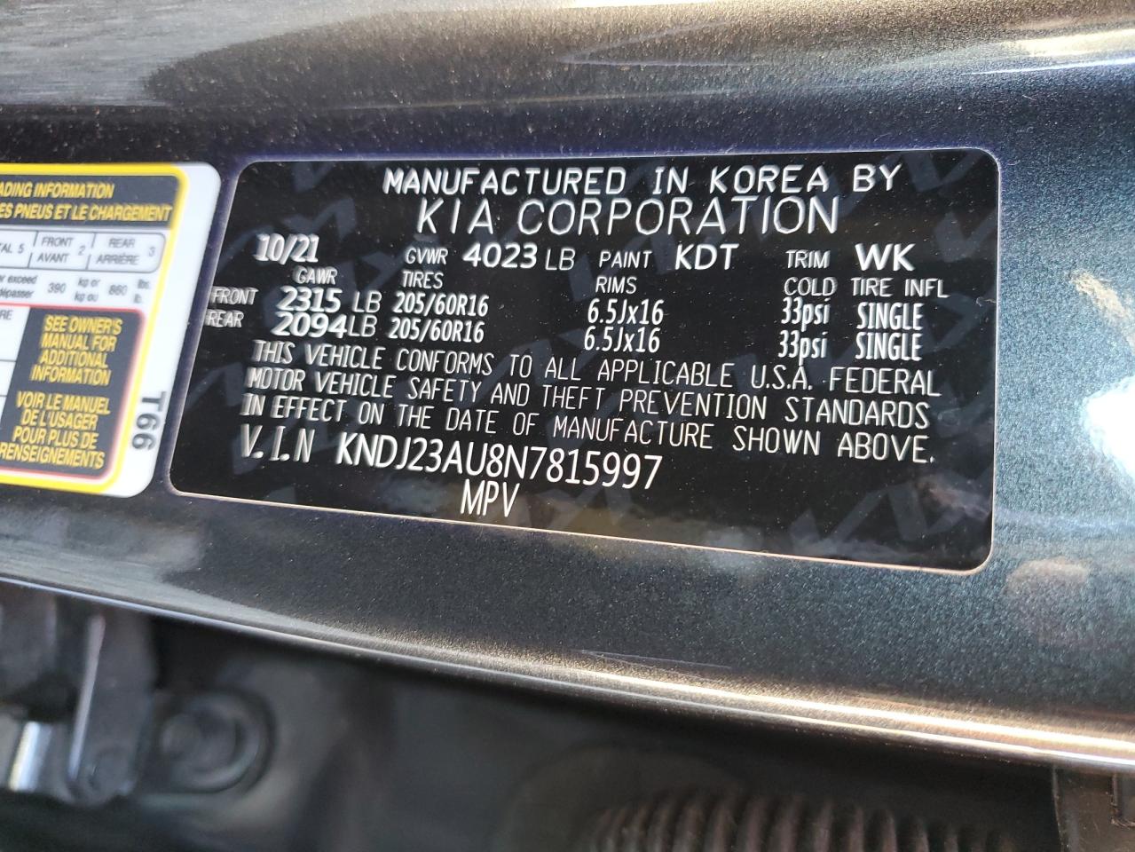 2022 KIA SOUL LX VIN:KNDJ23AU8N7815997