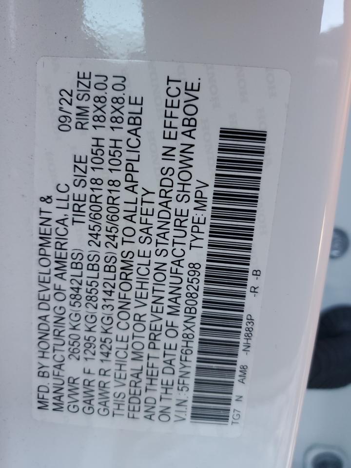 2022 HONDA PILOT TRAILSPORT VIN:5FNYF6H8XNB082598
