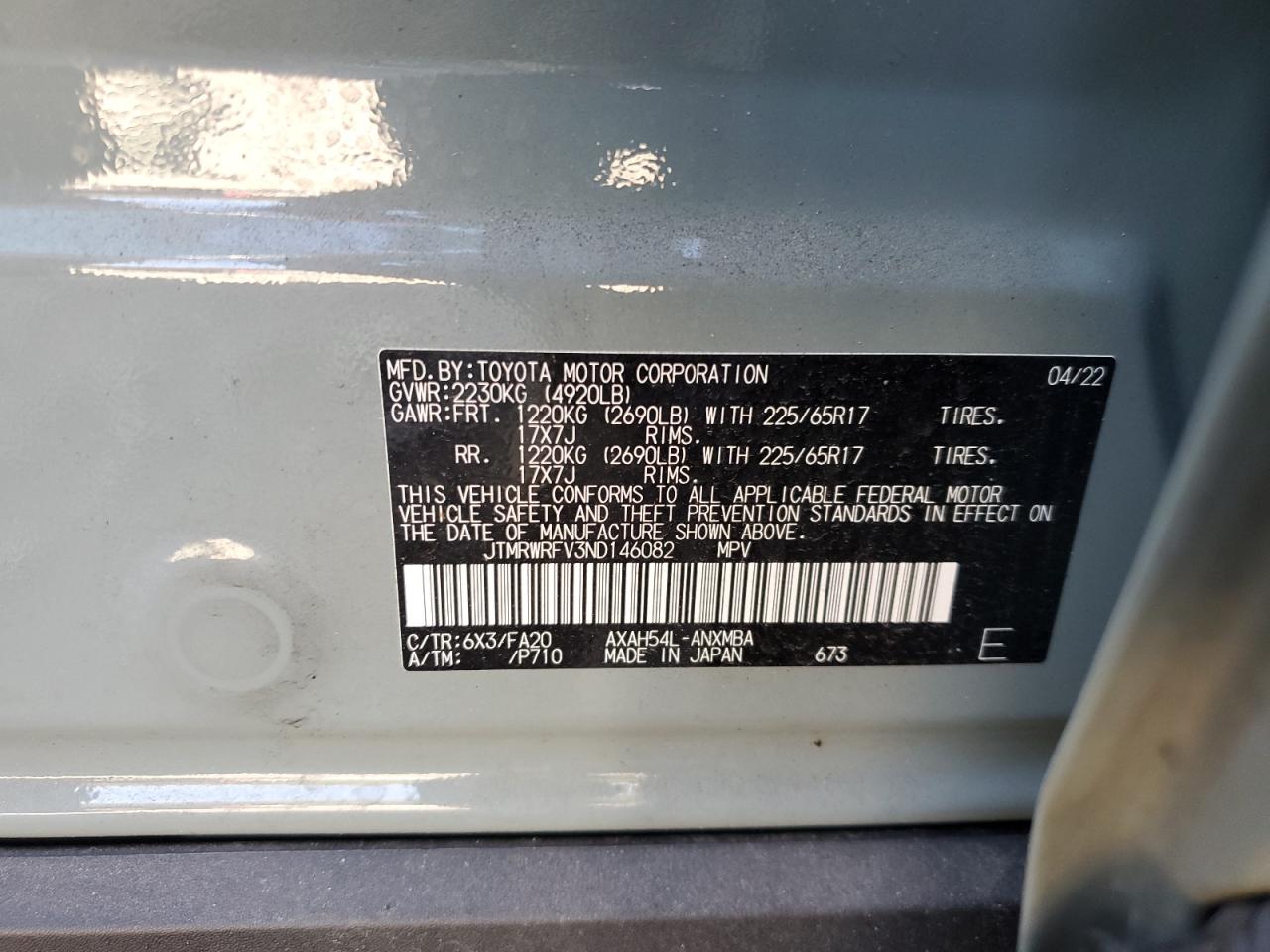 2022 TOYOTA RAV4 XLE VIN:JTMRWRFV3ND146082