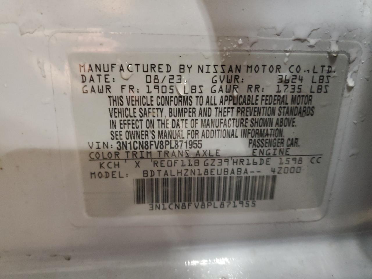 2023 NISSAN VERSA SR VIN:3N1CN8FV8PL871955