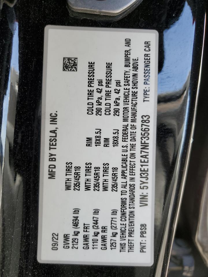 2022 TESLA MODEL 3  VIN:5YJ3E1EA7NF356783