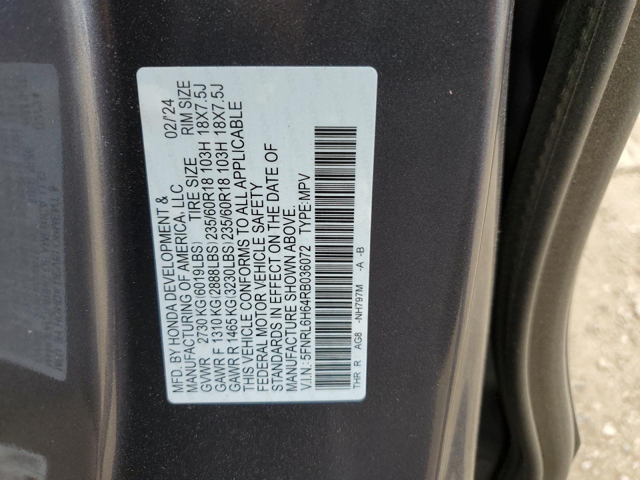 2024 HONDA ODYSSEY EXL VIN:5FNRL6H64RB036072