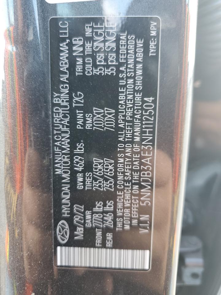 2022 HYUNDAI TUCSON SEL VIN:5NMJB3AE3NH112504