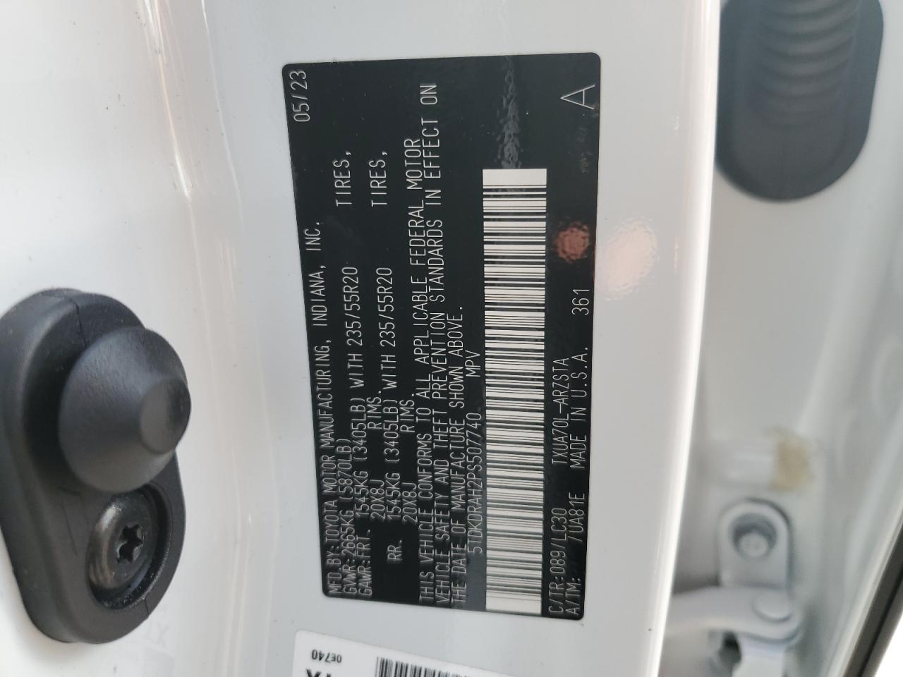 2023 TOYOTA HIGHLANDER L VIN:5TDKDRAH2PS507740