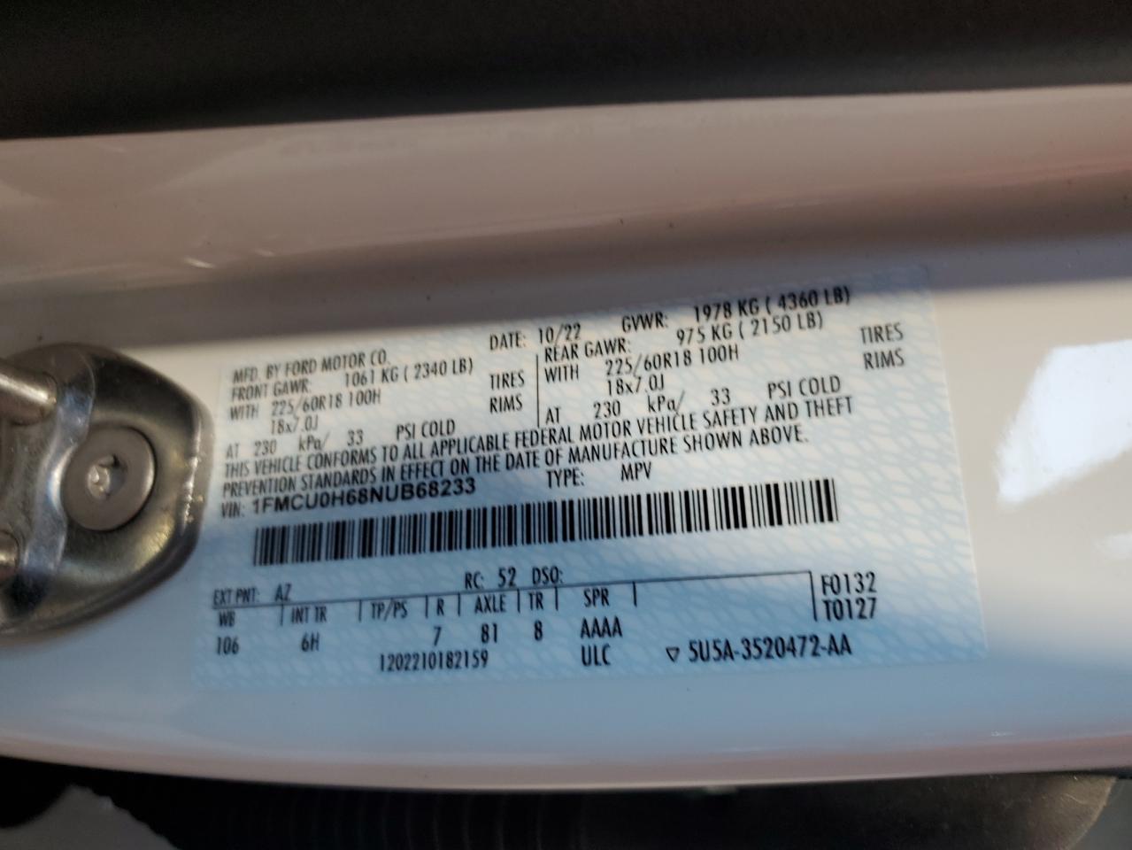 2022 FORD ESCAPE SEL VIN:1FMCU0H68NUB68233