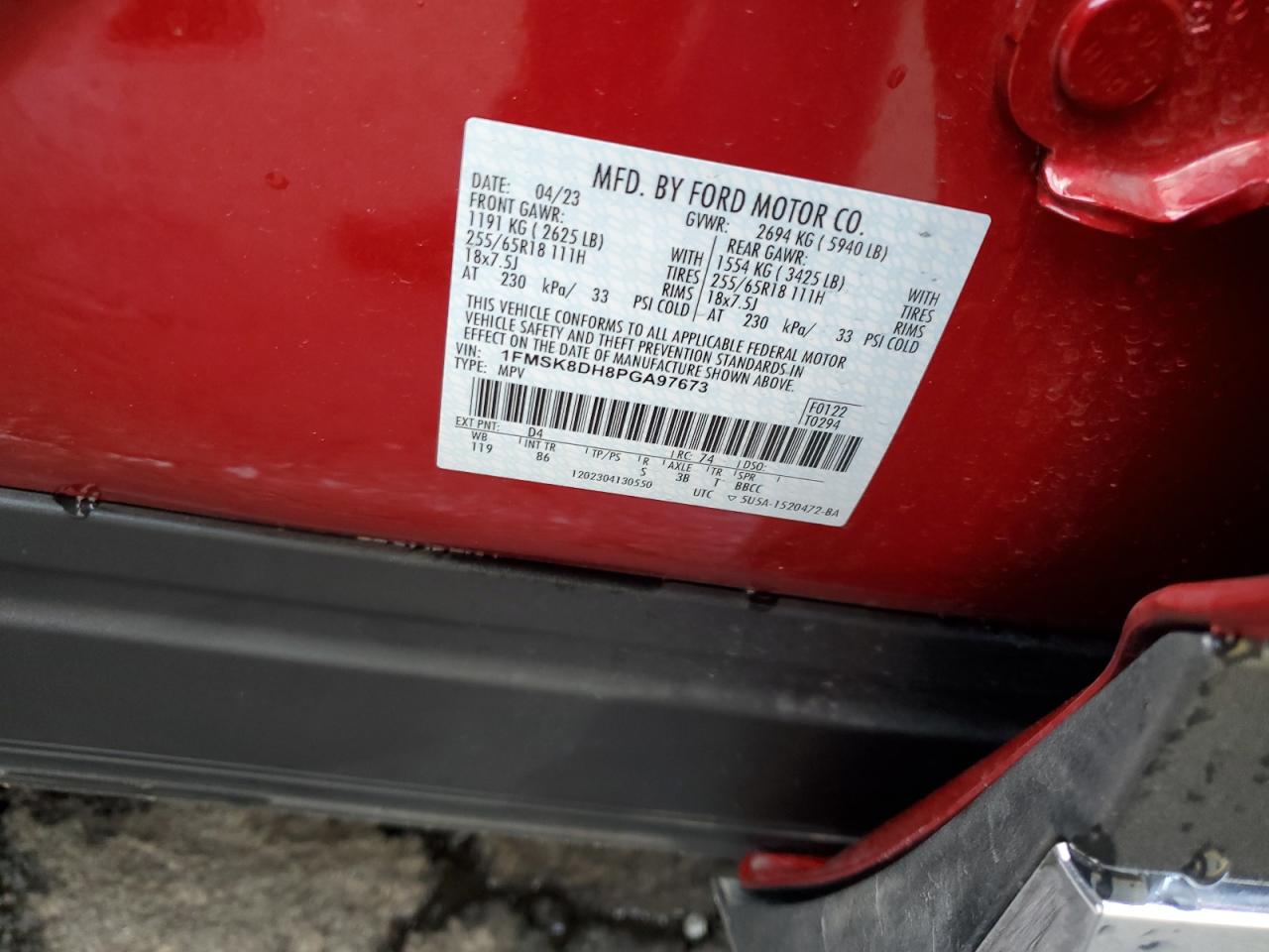 2023 FORD EXPLORER XLT VIN:1FMSK8DH8PGA97673