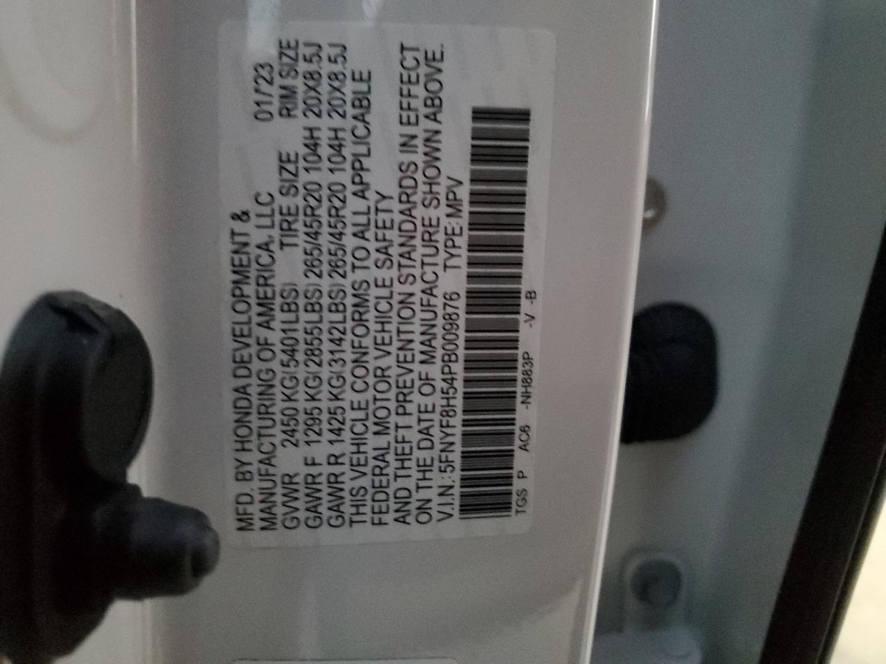 2023 HONDA PASSPORT EXL VIN:5FNYF8H54PB009876