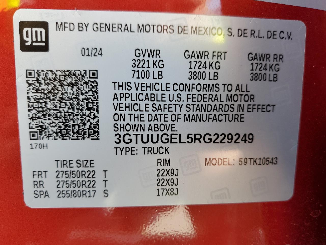 2024 GMC SIERRA K1500 DENALI VIN:3GTUUGEL5RG229249
