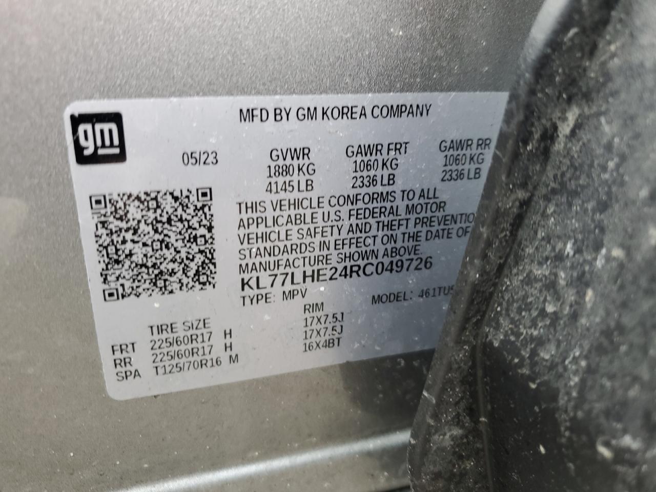 2024 CHEVROLET TRAX 1LT VIN:KL77LHE24RC049726