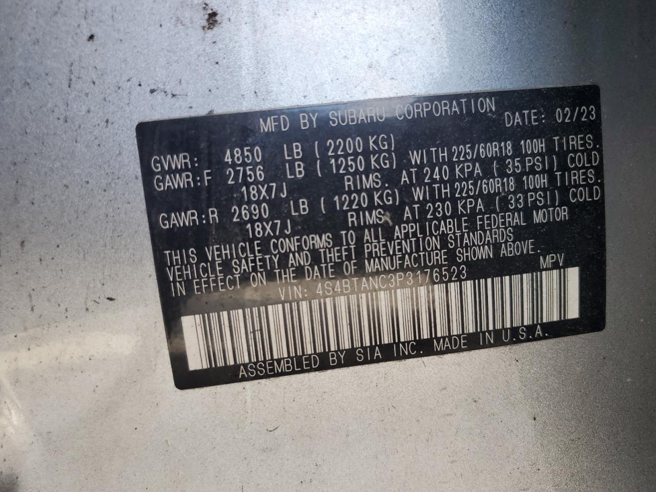 2023 SUBARU OUTBACK LIMITED VIN:4S4BTANC3P3176523