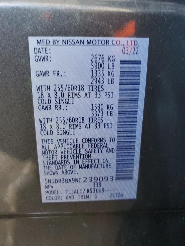 2022 NISSAN PATHFINDER SV VIN:5N1DR3BA9NC239093