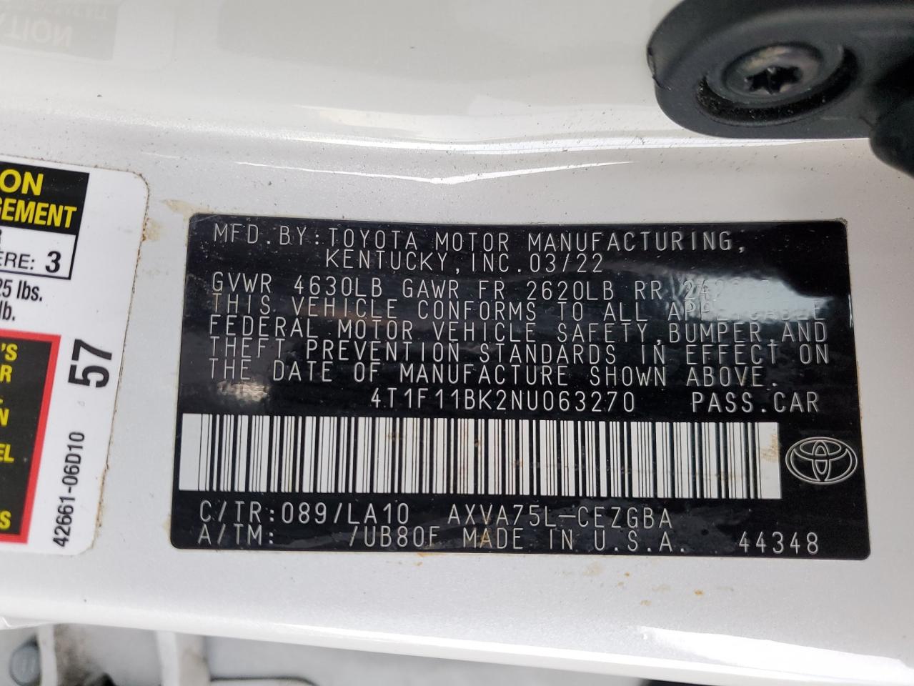 2022 TOYOTA CAMRY XLE VIN:4T1F11BK2NU063270