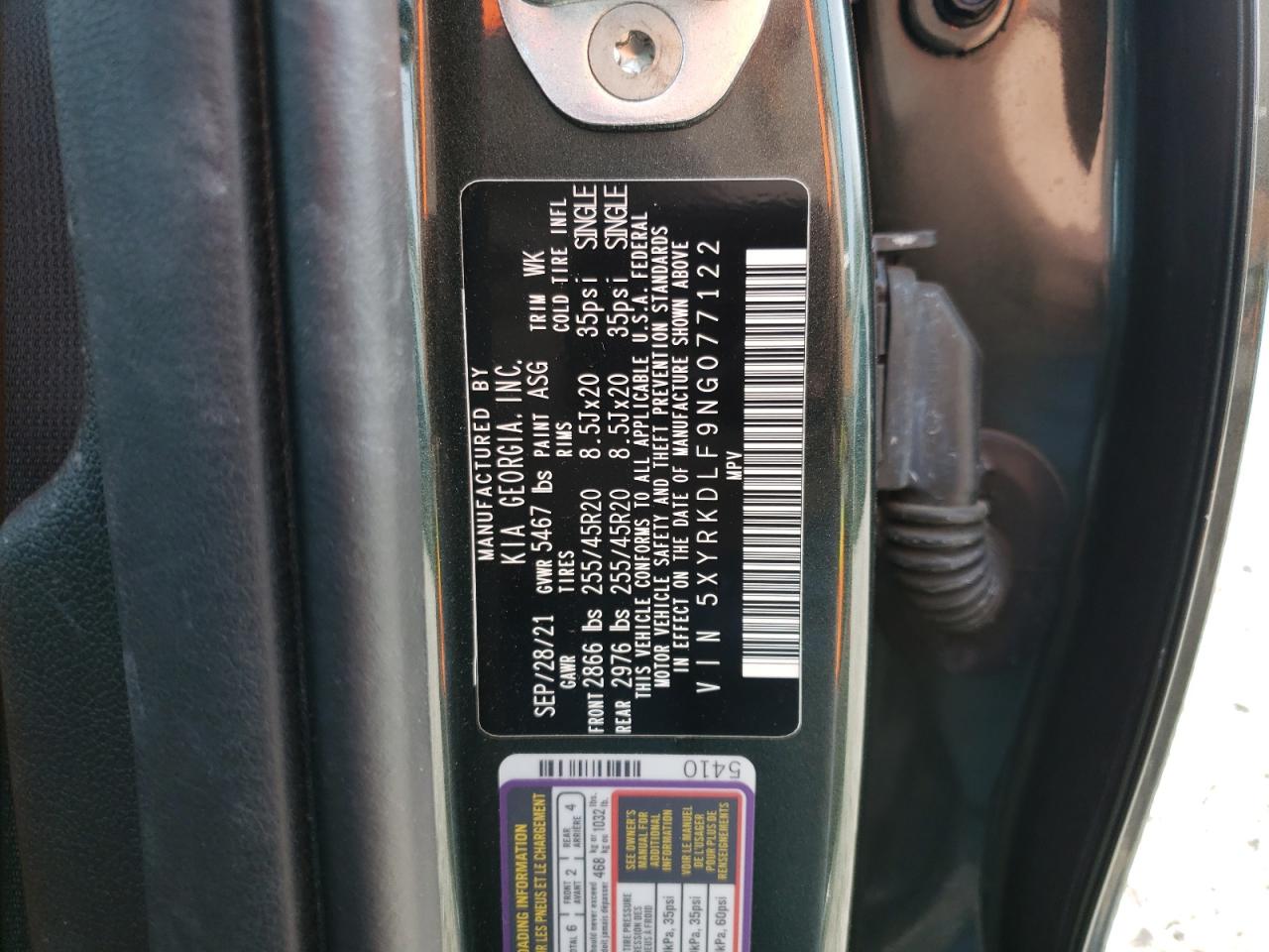 2022 KIA SORENTO SX VIN:5XYRKDLF9NG077122