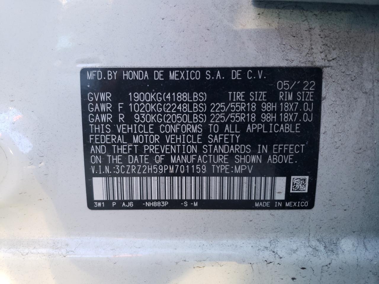 2023 HONDA HR-V SPORT VIN:3CZRZ2H59PM701159