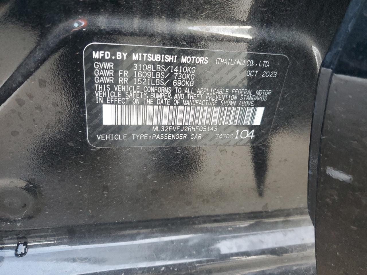 2024 MITSUBISHI MIRAGE G4 SE VIN:ML32FVFJ2RHF05143