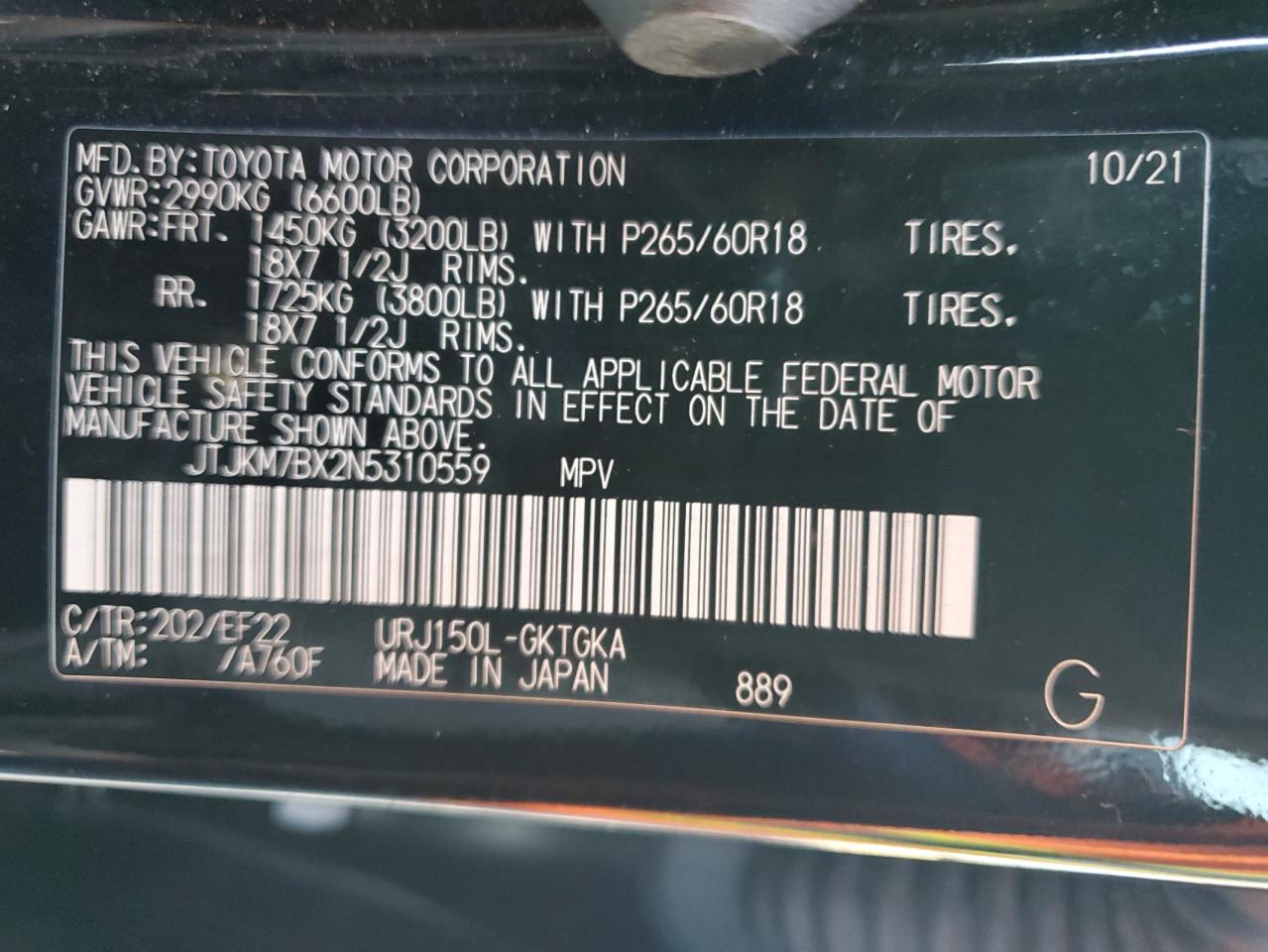2022 LEXUS GX 460 VIN:JTJKM7BX2N5310559