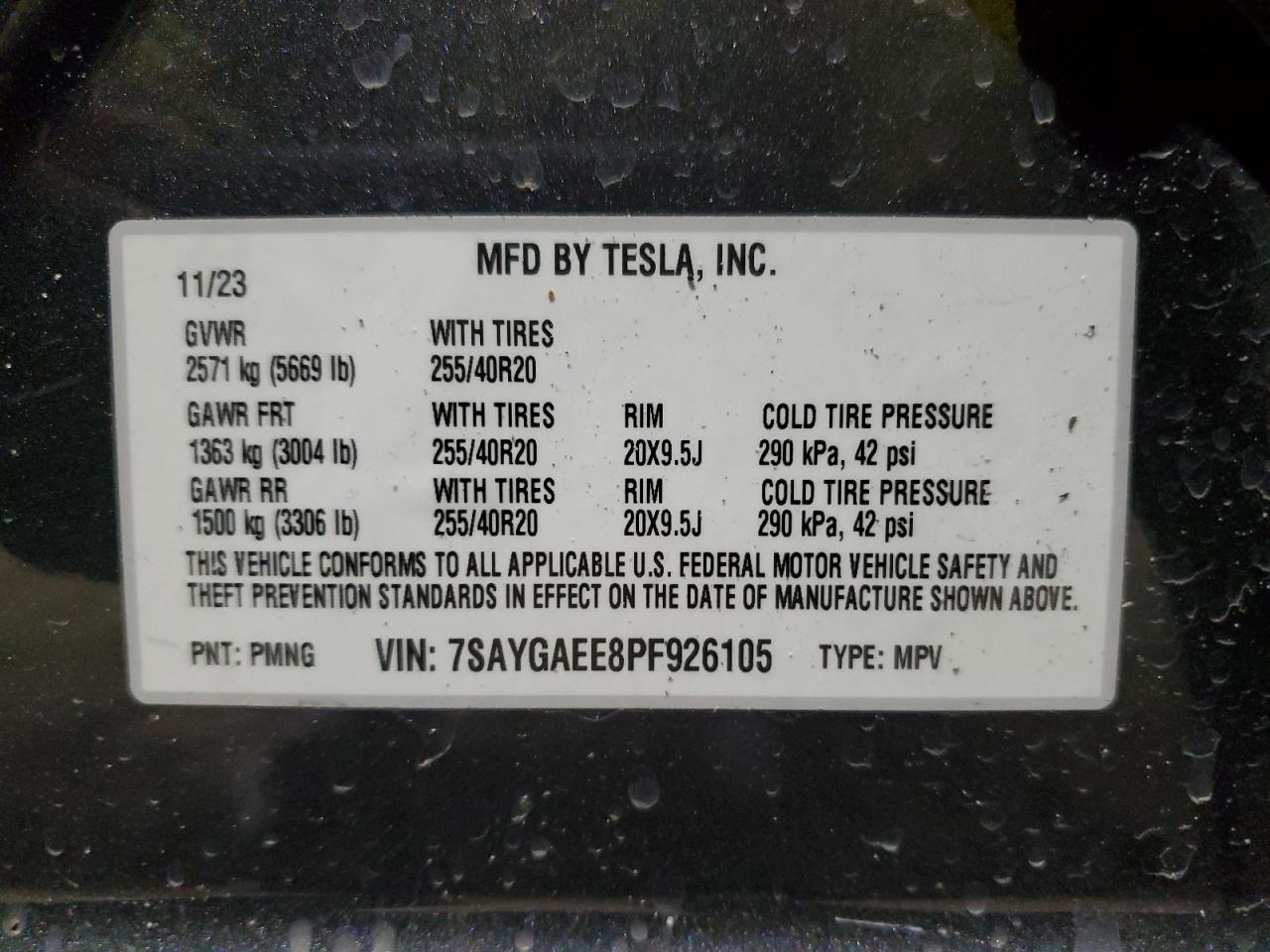 2023 TESLA MODEL Y  VIN:7SAYGAEE8PF926105