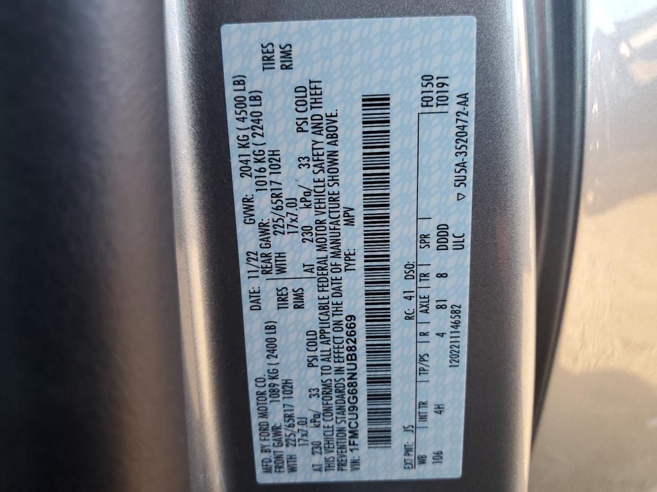 2022 FORD ESCAPE SE VIN:1FMCU9G68NUB82669