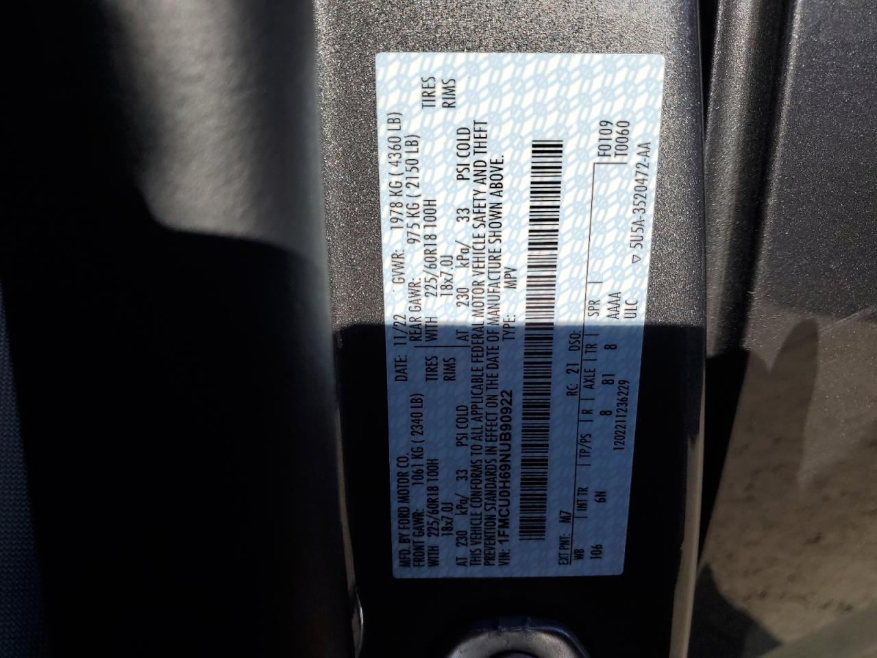 2022 FORD ESCAPE SEL VIN:1FMCU0H69NUB90922
