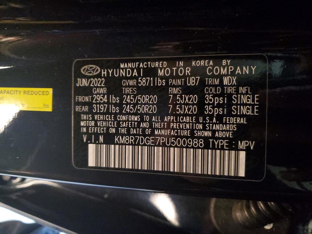 2023 HYUNDAI PALISADE CALLIGRAPHY VIN:KM8R7DGE7PU500988