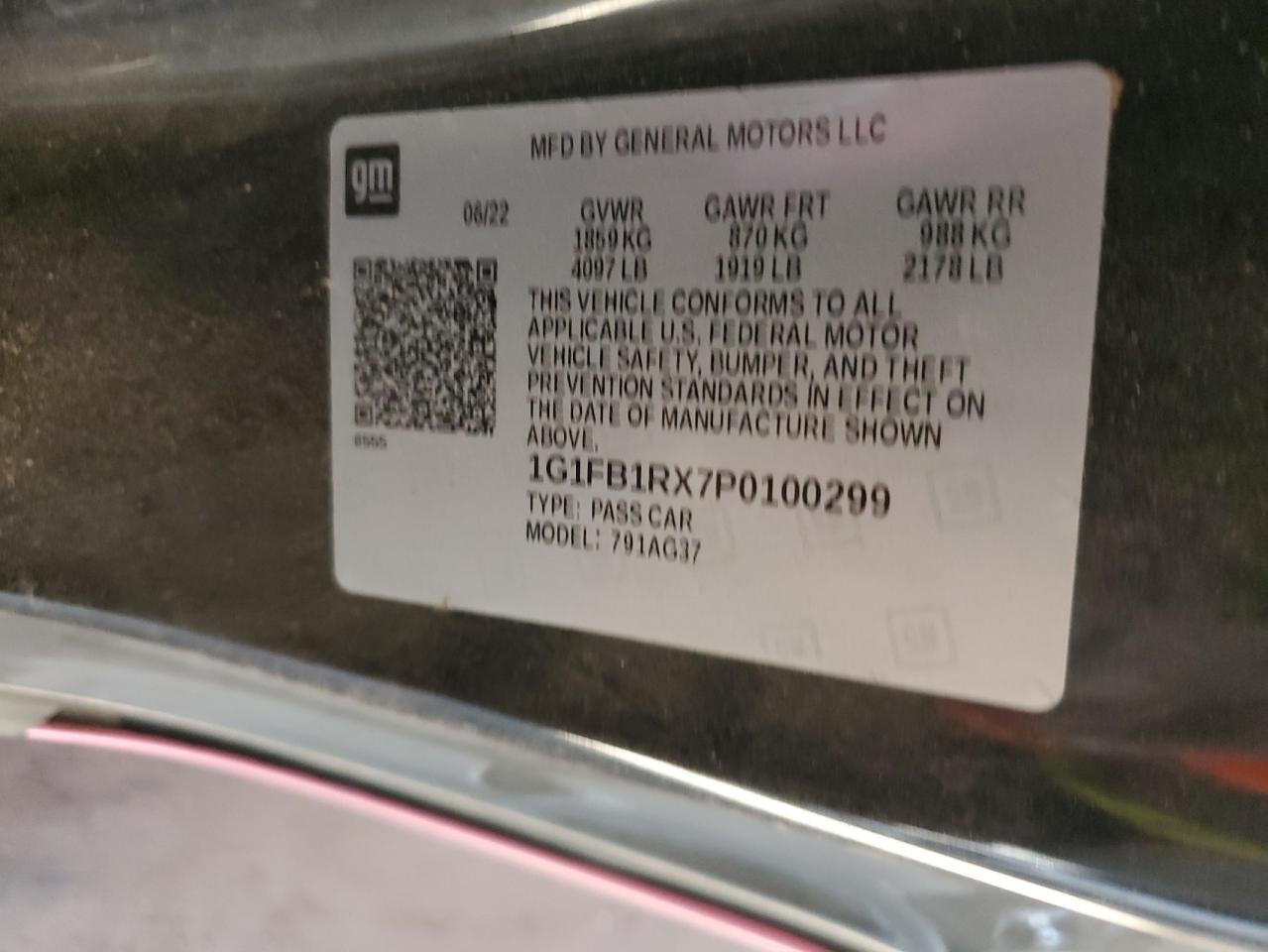 2023 CHEVROLET CAMARO LS VIN:1G1FB1RX7P0100299