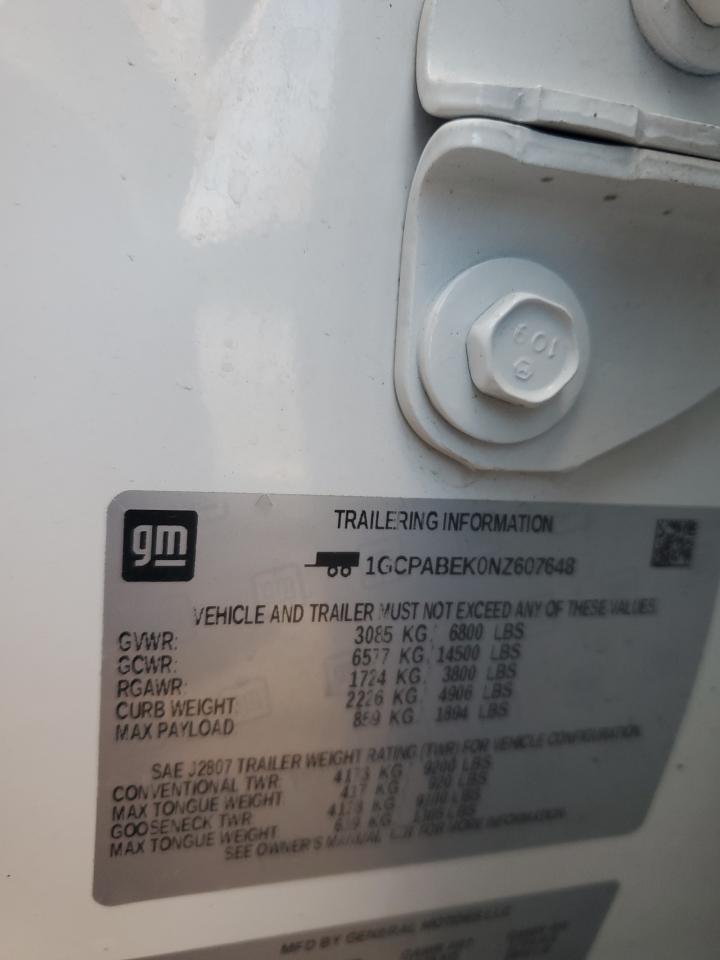 2022 CHEVROLET SILVERADO C1500 CUSTOM VIN:1GCPABEK0NZ607648