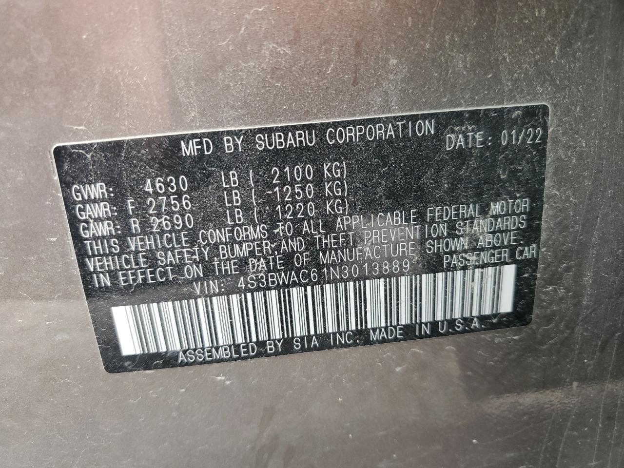 2022 SUBARU LEGACY PREMIUM VIN:4S3BWAC61N3013889