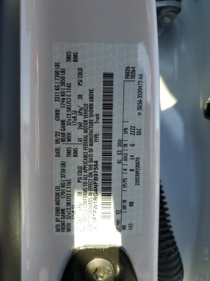 2022 FORD F150 RAPTOR VIN:1FTFW1RG4NFB97564