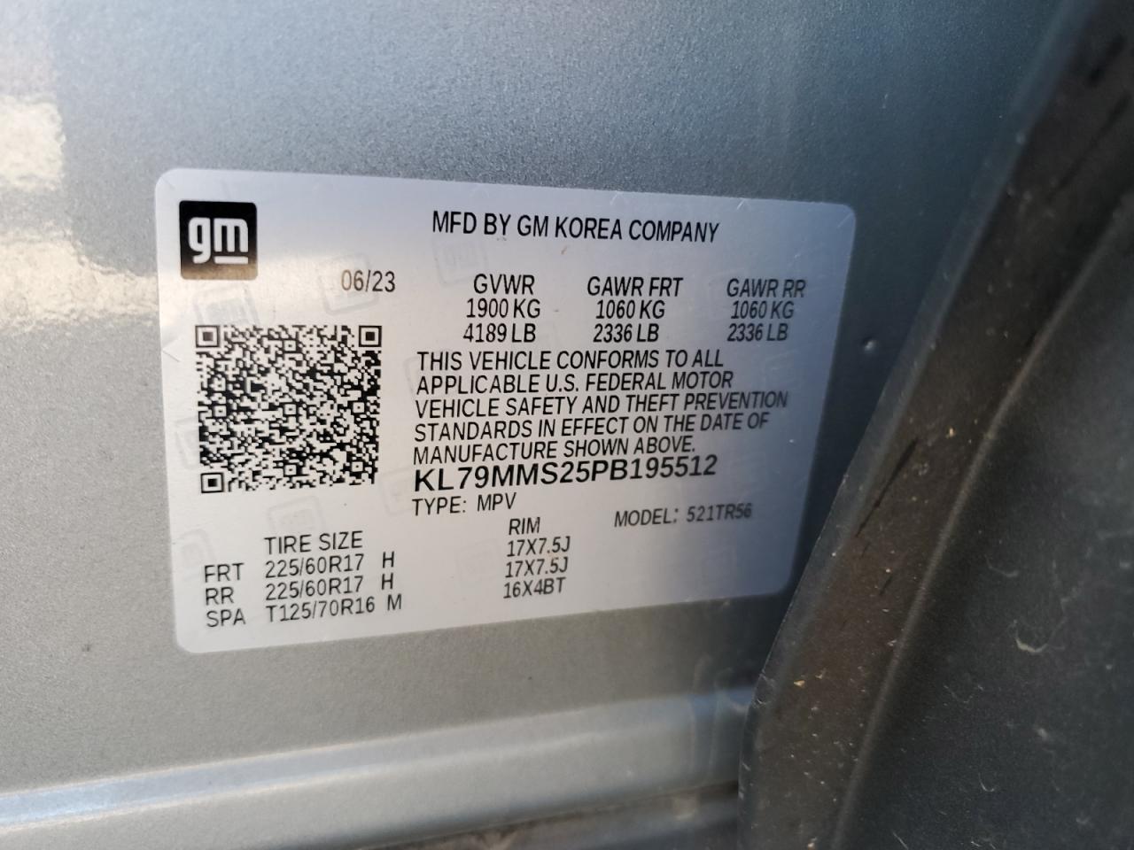 2023 CHEVROLET TRAILBLAZER LS VIN:KL79MMS25PB195512