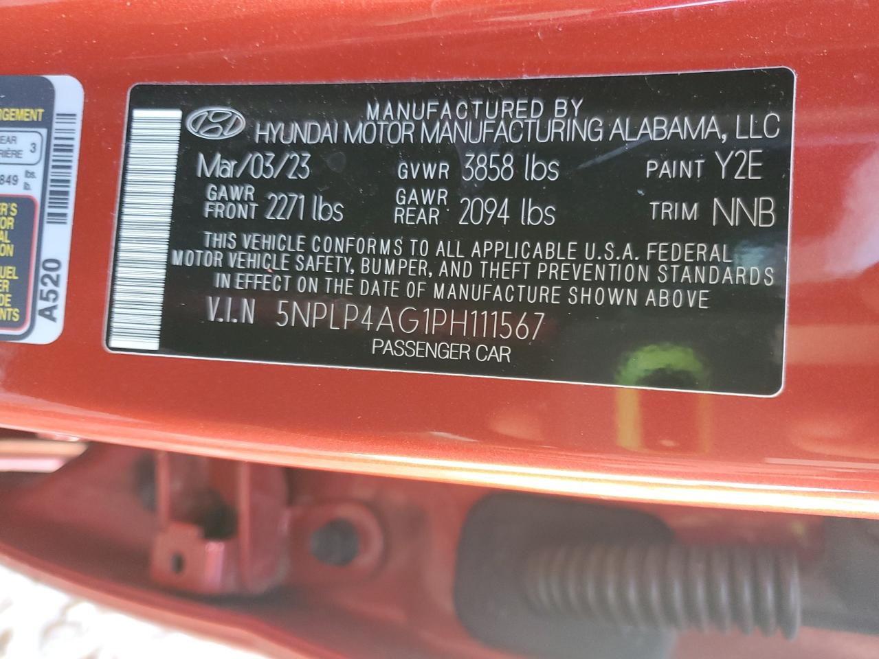 2023 HYUNDAI ELANTRA LIMITED VIN:1FAHP3FN7BW175130