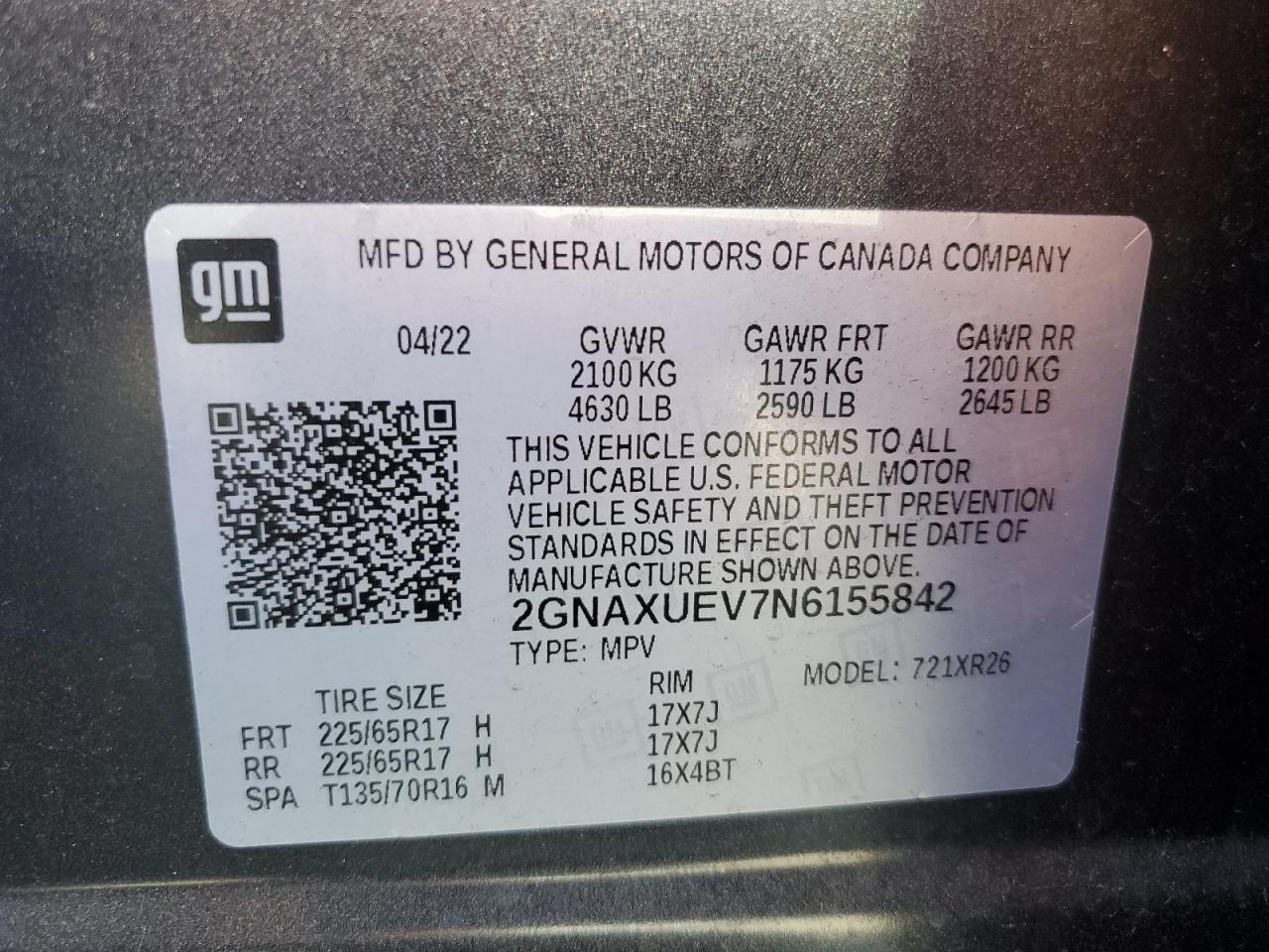 2022 CHEVROLET EQUINOX LT VIN:2GNAXUEV7N6155842