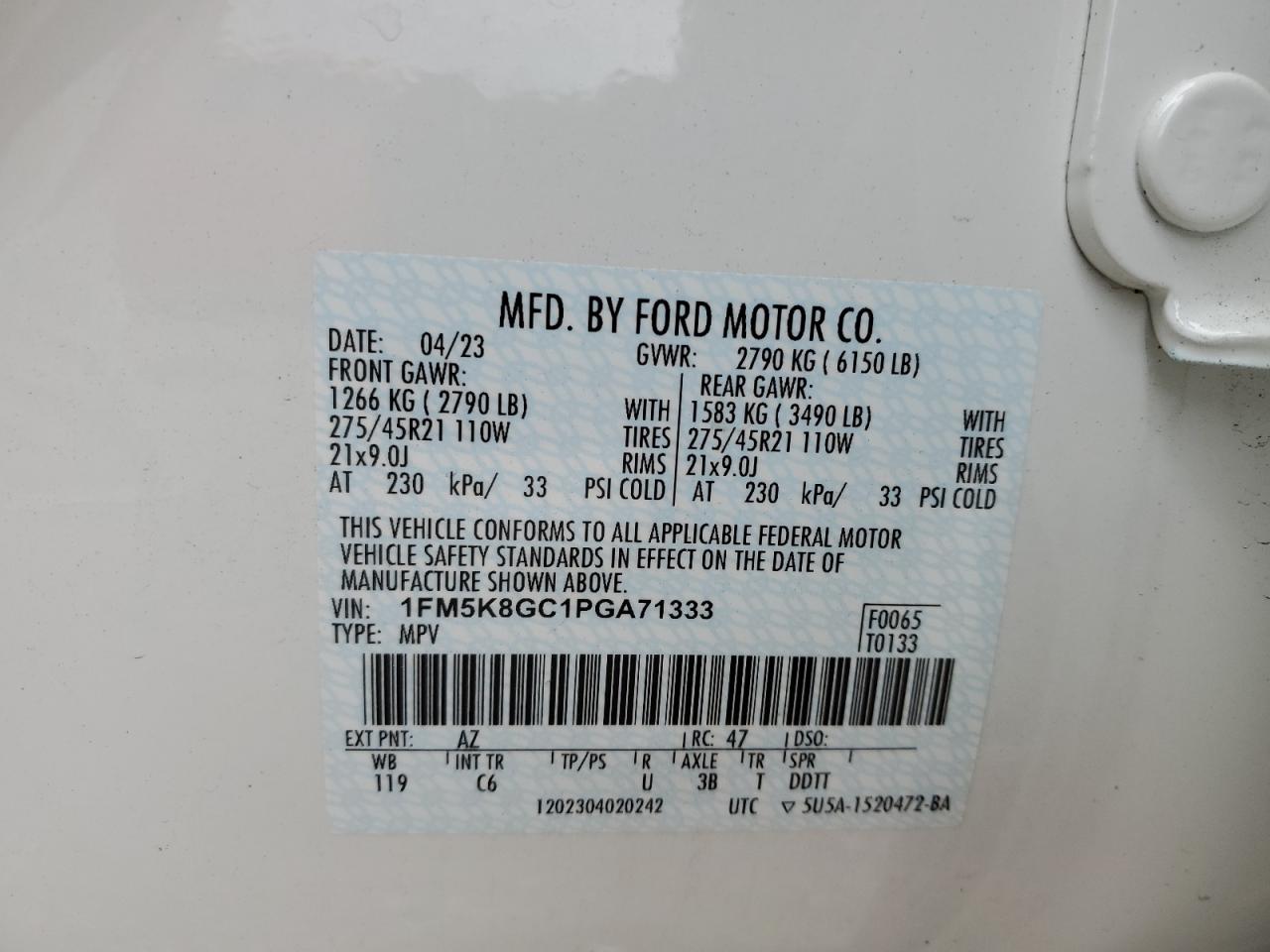 2023 FORD EXPLORER ST VIN:1FM5K8GC1PGA71333