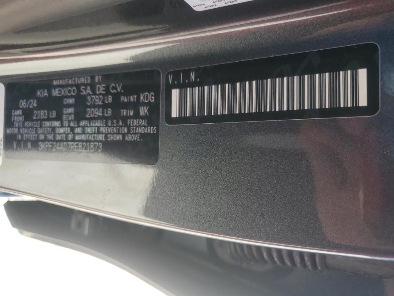 2024 KIA FORTE LX VIN:3KPF24AD7RE821873