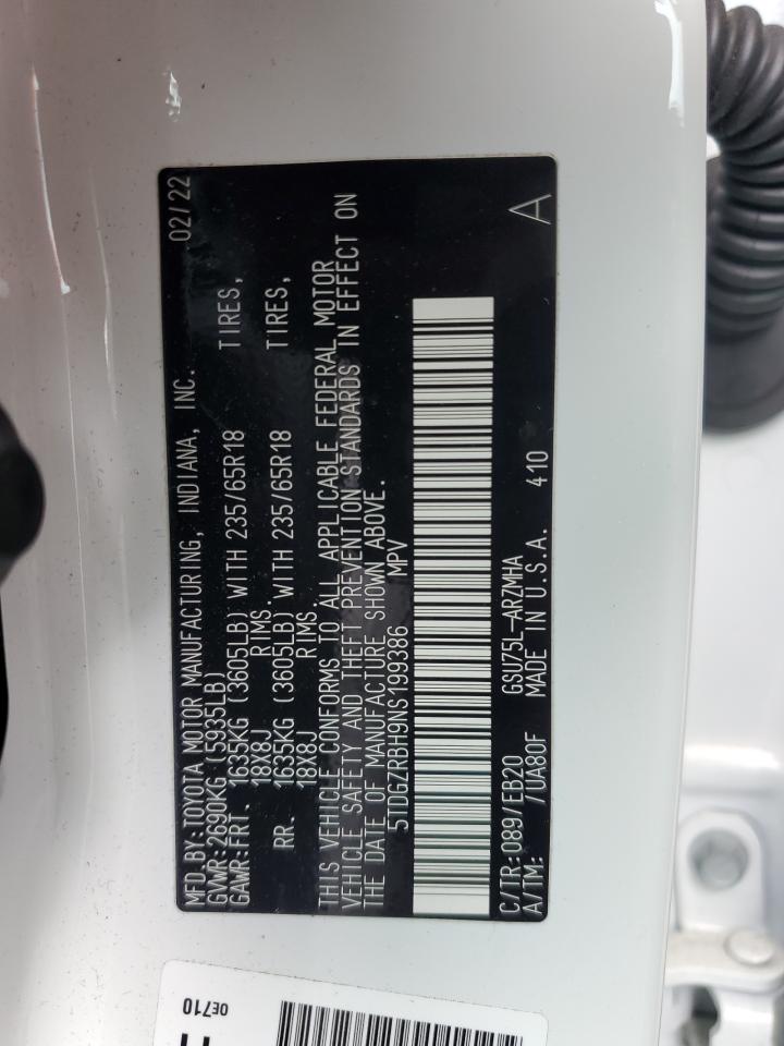 2022 TOYOTA HIGHLANDER XLE VIN:5TDGZRBH9NS199386