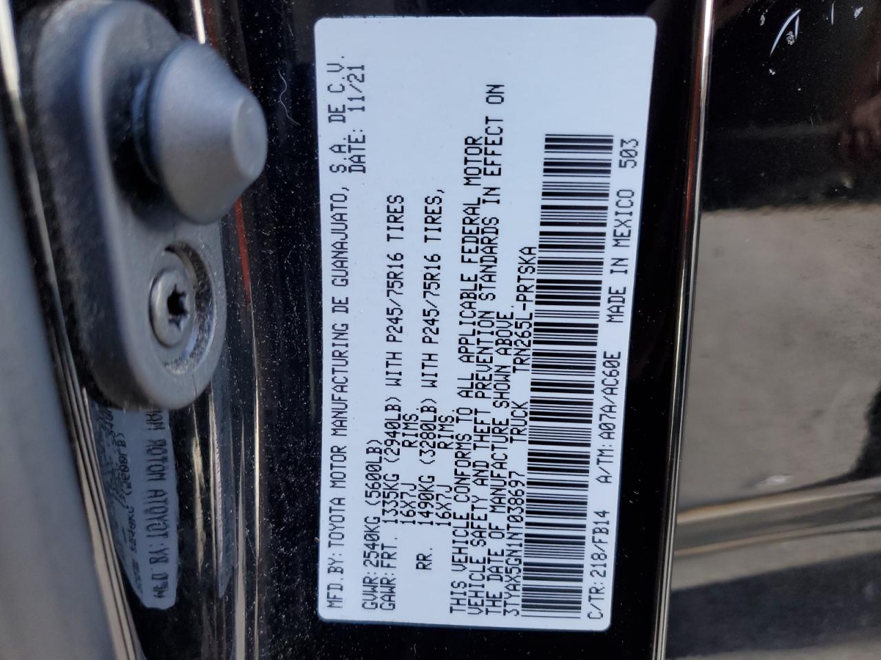 2022 TOYOTA TACOMA DOUBLE CAB VIN:3TYAX5GN1NT038697