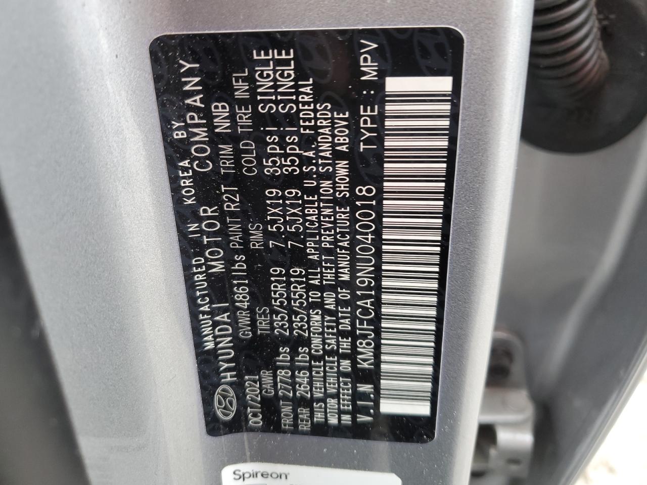 2022 HYUNDAI TUCSON SEL CONVENIENCE VIN:KM8JFCA19NU040018