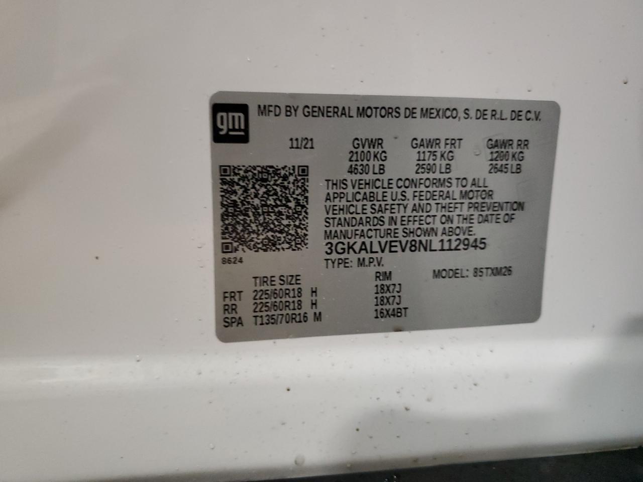 2022 GMC TERRAIN SLT VIN:3GKALVEV8NL112945