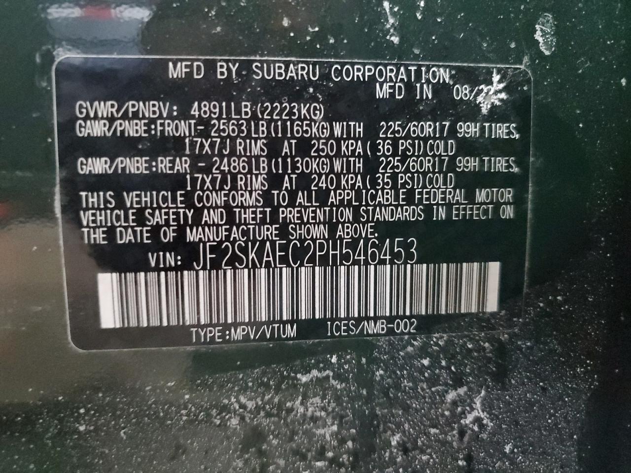 2023 SUBARU FORESTER PREMIUM VIN:JF2SKAEC2PH546453