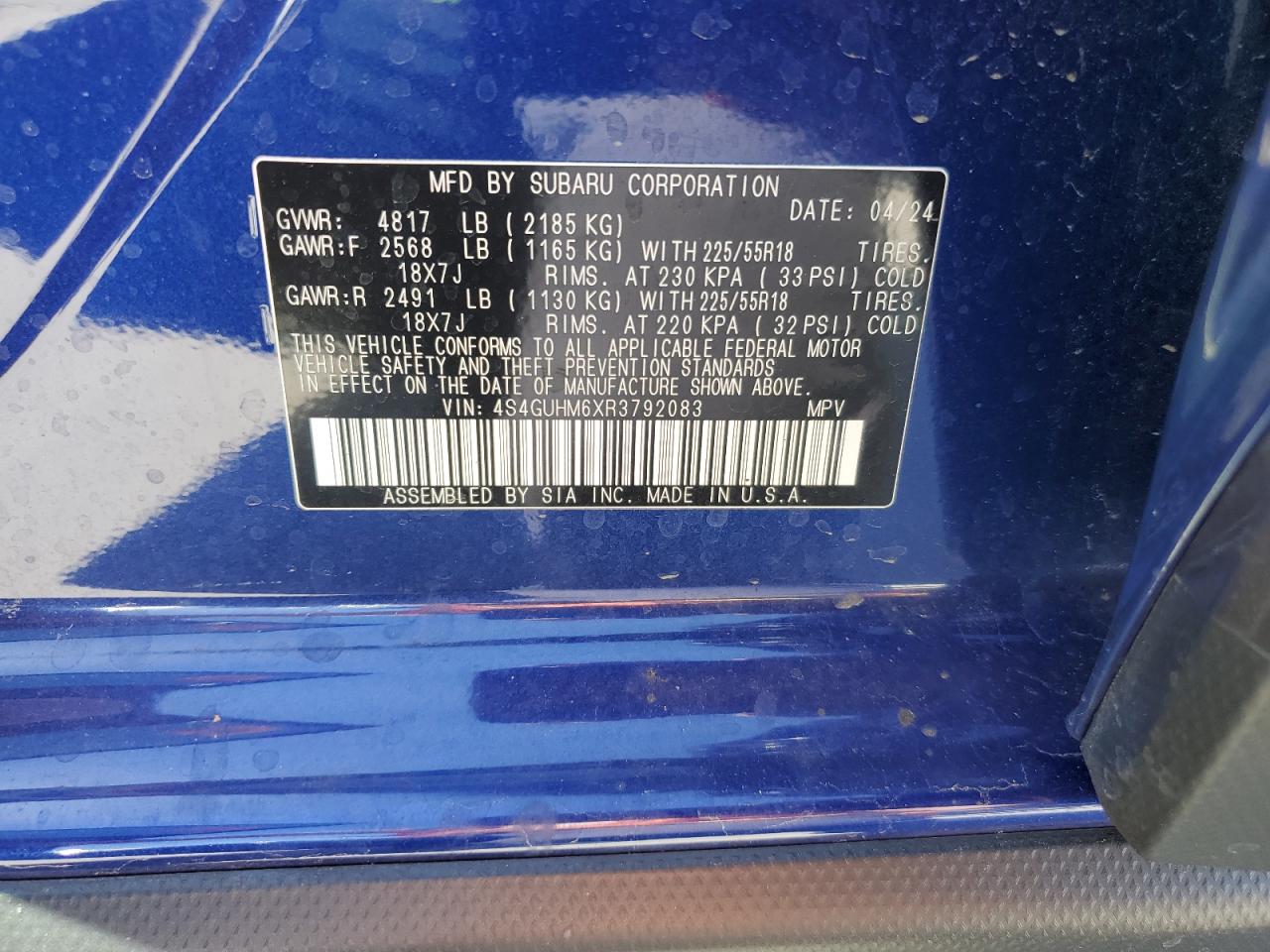 2024 SUBARU CROSSTREK LIMITED VIN:4S4GUHM6XR3792083