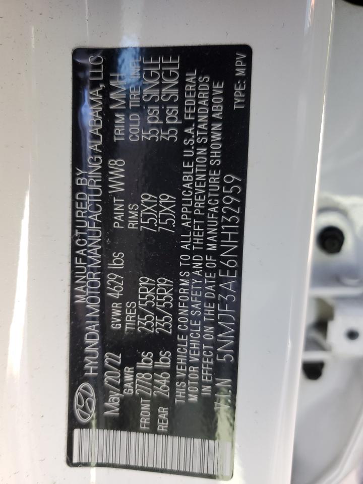 2022 HYUNDAI TUCSON SEL VIN:5NMJF3AE6NH132959