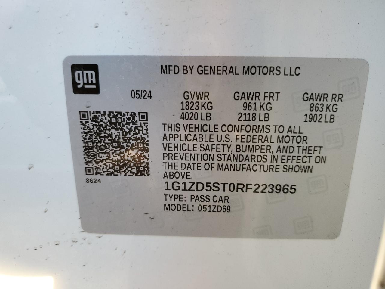 2024 CHEVROLET MALIBU LT VIN:1G1ZD5ST0RF223965