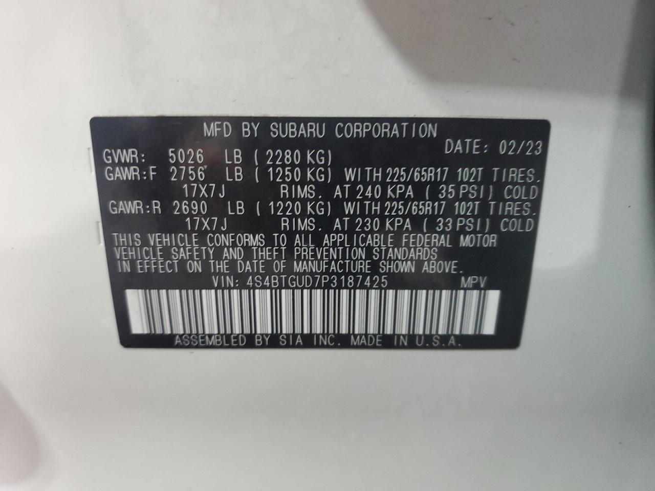 2023 SUBARU OUTBACK WILDERNESS VIN:4S4BTGUD7P3187425