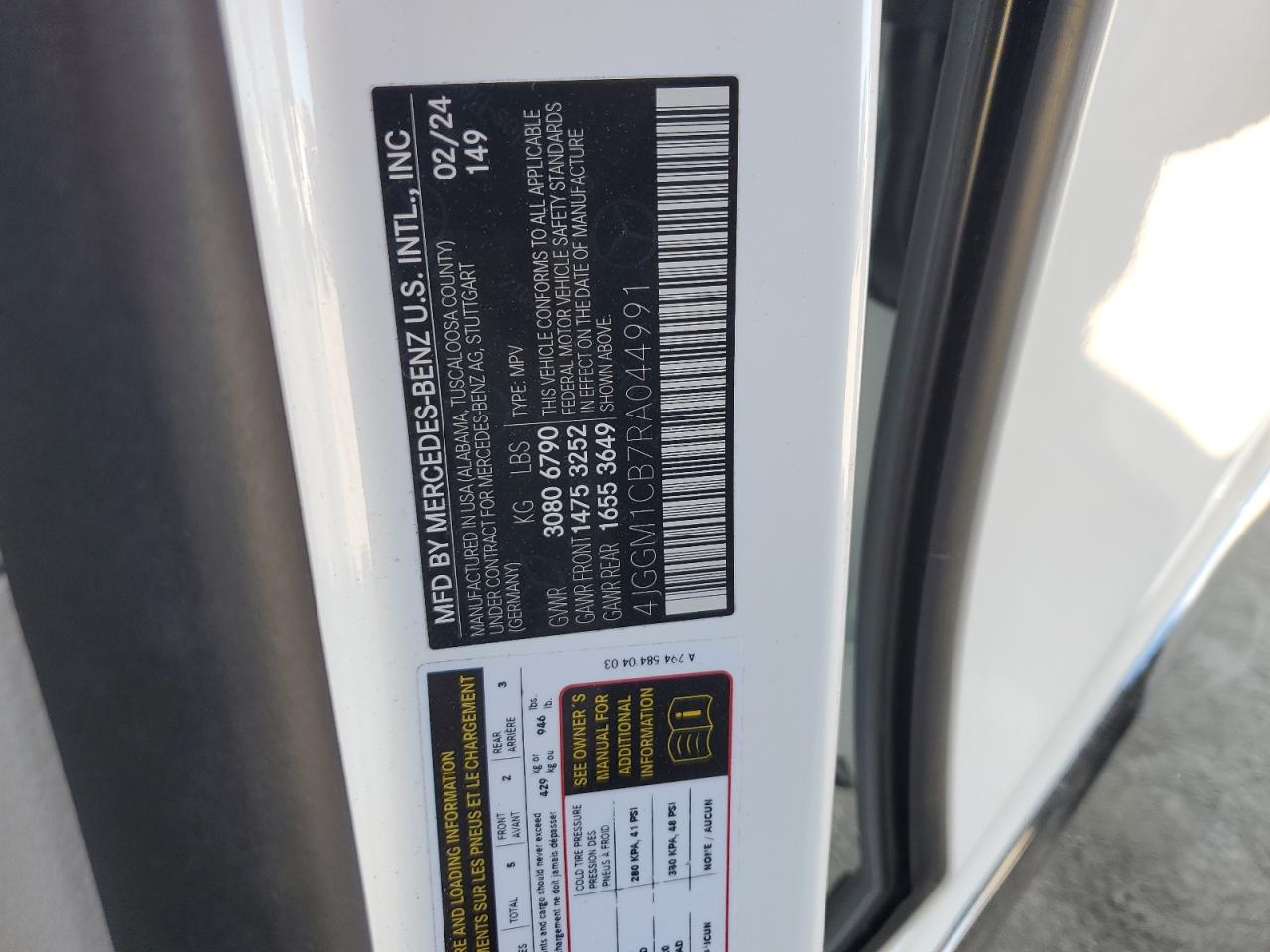 2024 MERCEDES-BENZ EQE SUV 350 4MATIC VIN:4JGGM1CB7RA044991