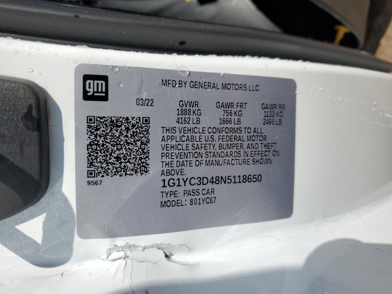 2022 CHEVROLET CORVETTE STINGRAY 3LT VIN:1G1YC3D48N5118650