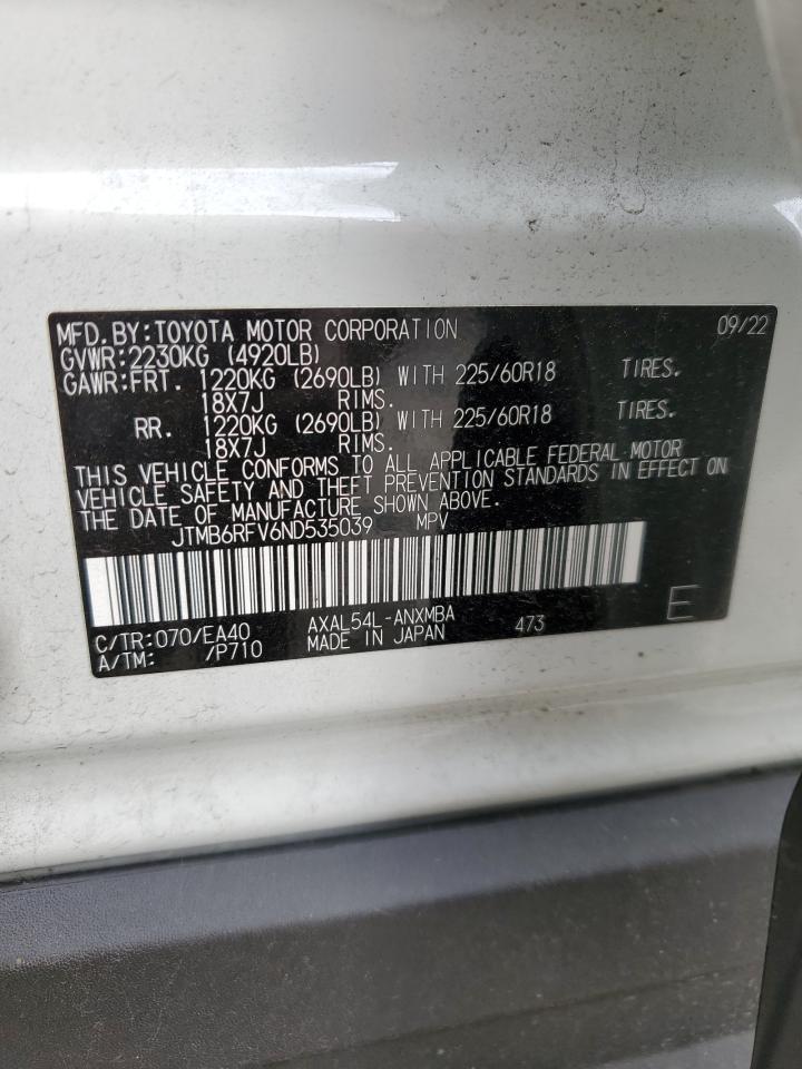 2022 TOYOTA RAV4 XLE PREMIUM VIN:JTMB6RFV6ND535039