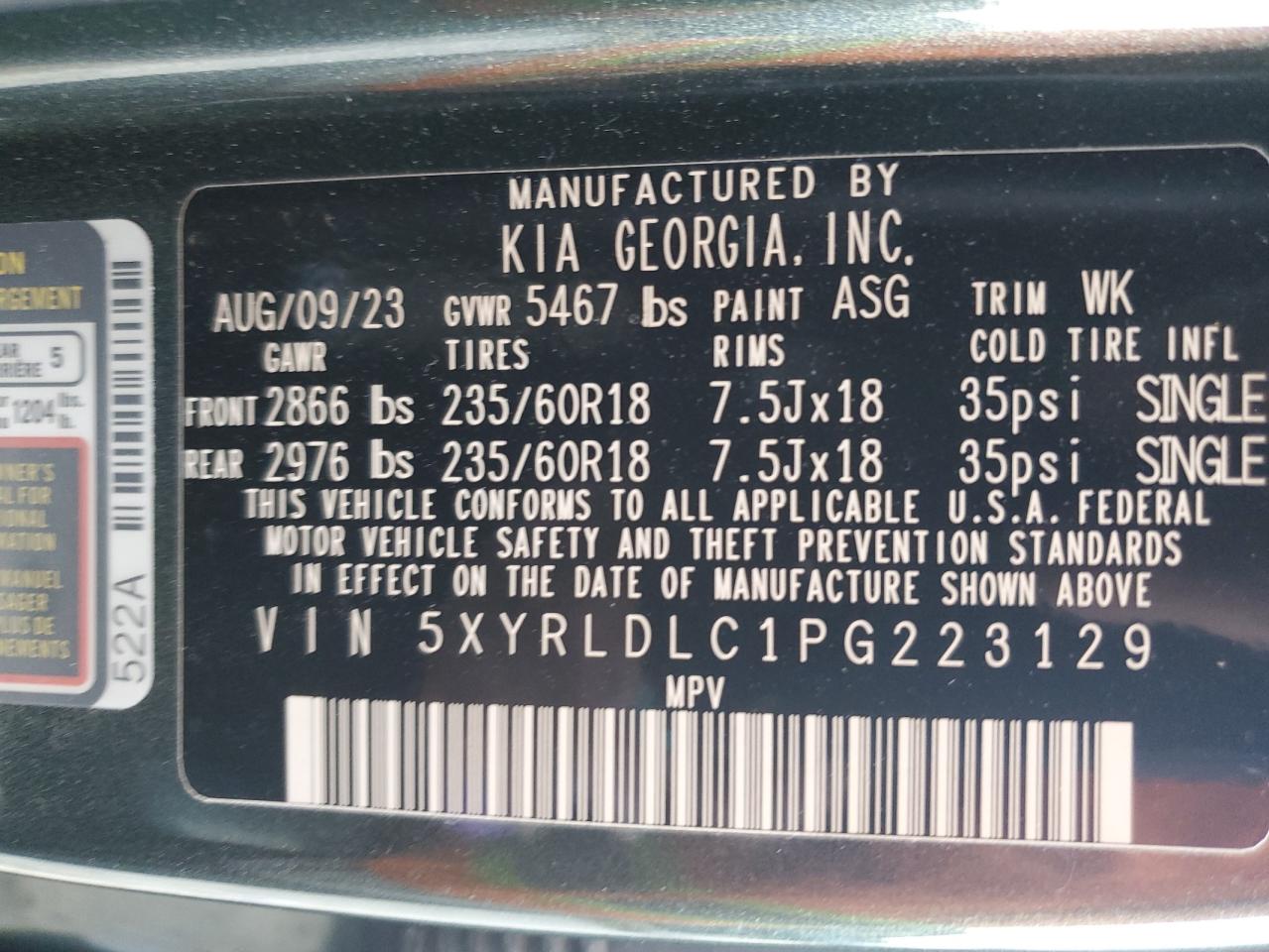 2023 KIA SORENTO S VIN:5XYRLDLC1PG223129