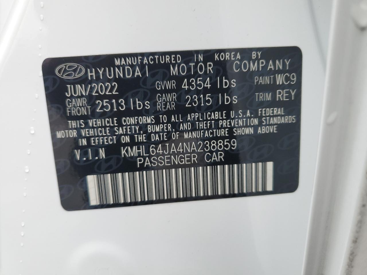 2022 HYUNDAI SONATA SEL VIN:KMHL64JA4NA238859
