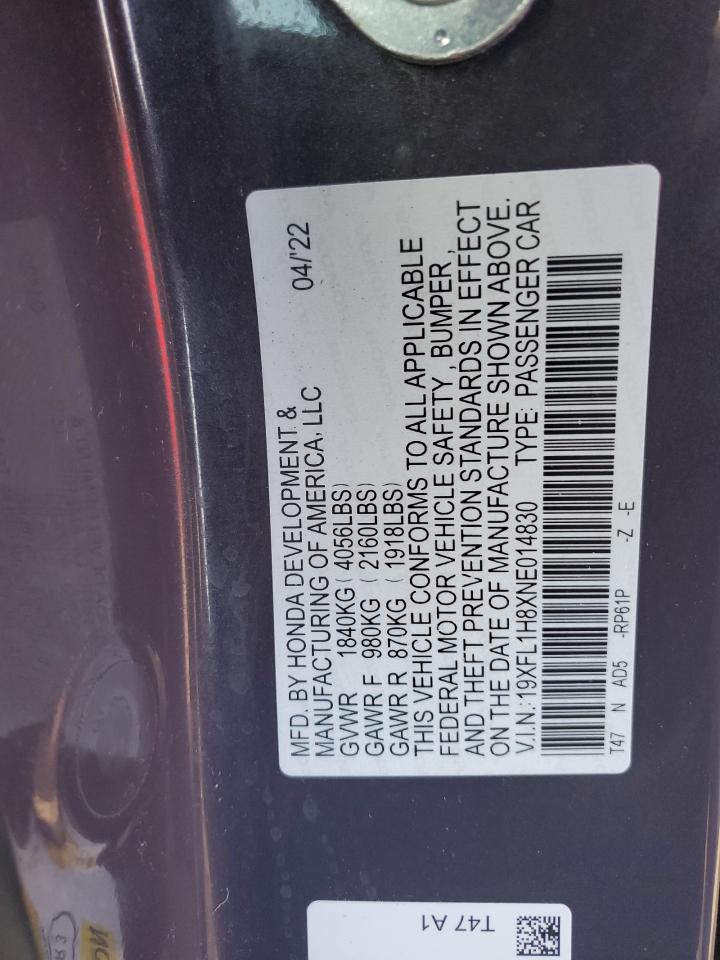 2022 HONDA CIVIC SPORT TOURING VIN:19XFL1H8XNE014830